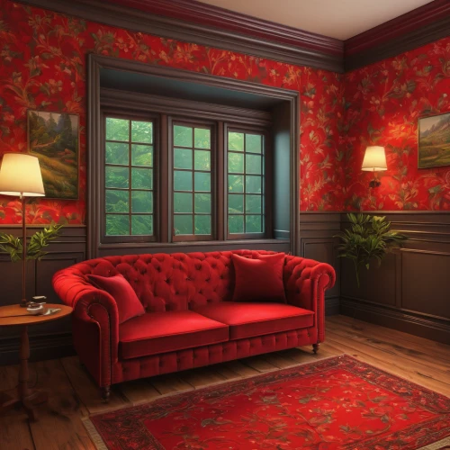 danish room,sitting room,ornate room,damask background,interior decoration,window treatment,great room,damask,background pattern,antique furniture,backgrounds texture,settee,interior design,red wall,background texture,brownstone,livingroom,guestroom,boutique hotel,upholstery,Illustration,Realistic Fantasy,Realistic Fantasy 27