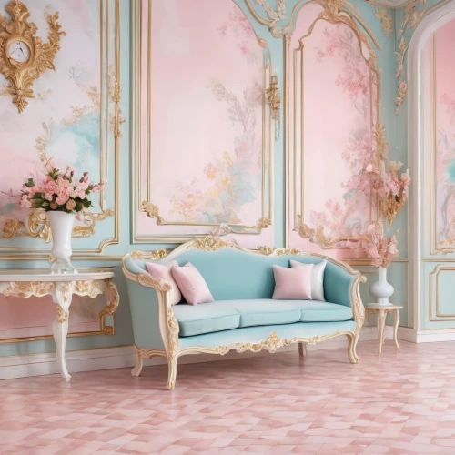 rococo,danish room,damask,ceramic floor tile,damask background,beauty room,almond tiles,damask paper,flower wall en,pastel colors,ornate room,soft furniture,baroque,the little girl's room,interior design,pastels,floor tiles,danish furniture,shabby-chic,chaise lounge,Conceptual Art,Fantasy,Fantasy 24