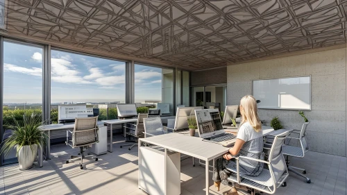 concrete ceiling,lattice windows,roof terrace,daylighting,sky apartment,modern office,folding roof,ceiling ventilation,penthouse apartment,contemporary decor,patterned wood decoration,lattice window,modern decor,block balcony,working space,stucco ceiling,tile kitchen,creative office,3d rendering,roof garden