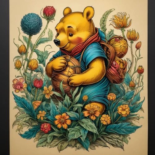 flower animal,little bear,bear,vintage art,left hand bear,teddy-bear,picking flowers,great bear,blue sow thistle,bear teddy,cartoon flowers,flower painting,flowers png,bear guardian,cute bear,teddy bear crying,bears,illustrator,chow-chow,nordic bear,Illustration,Retro,Retro 24