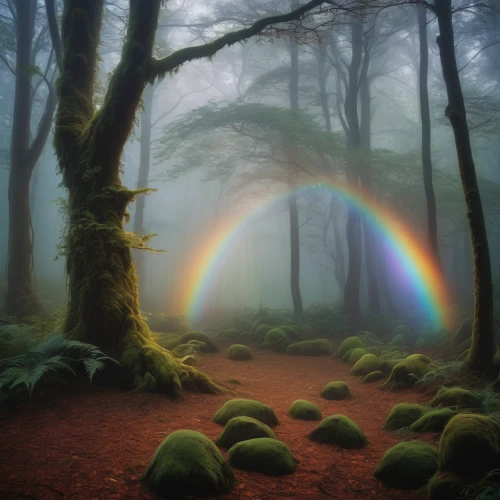 mists over prismatic,fairy forest,rainbow bridge,foggy forest,fairytale forest,enchanted forest,elven forest,rainbow background,spectral colors,rainbow colors,moonbow,raimbow,forest of dreams,rainbow,foggy landscape,germany forest,fairy world,rainbow and stars,atmospheric phenomenon,forest glade,Illustration,Abstract Fantasy,Abstract Fantasy 16