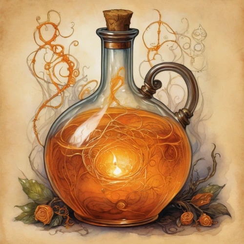 potions,amphora,flagon,bottle fiery,potion,oil lamp,alchemy,glass jar,cauldron,fragrance teapot,candlemaker,apothecary,copper vase,mead,decorative pumpkins,decanter,distillation,halloween pumpkin gifts,gourd,poison bottle,Illustration,Realistic Fantasy,Realistic Fantasy 14