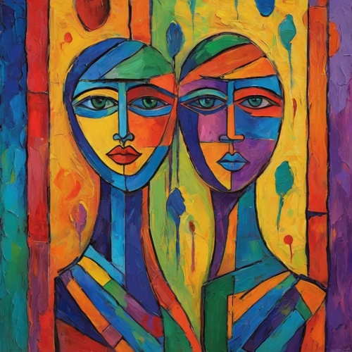 two people,two girls,multicolor faces,young couple,man and woman,gemini,faces,man and wife,dancing couple,into each other,duo,boho art,heads,couple,tango,young women,conversation,dancers,mirror of souls,the mirror,Conceptual Art,Oil color,Oil Color 25