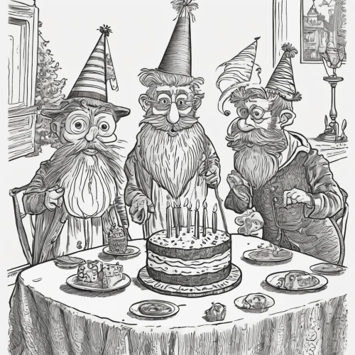 gnomes at table,gnomes,celebration of witches,scandia gnomes,witches' hats,coloring pages,wizards,witches,tea party,coloring page,coloring pages kids,gnome and roulette table,birthdays,party hats,elves,fairytale characters,hand-drawn illustration,the three wise men,book illustration,a party,Illustration,Black and White,Black and White 27