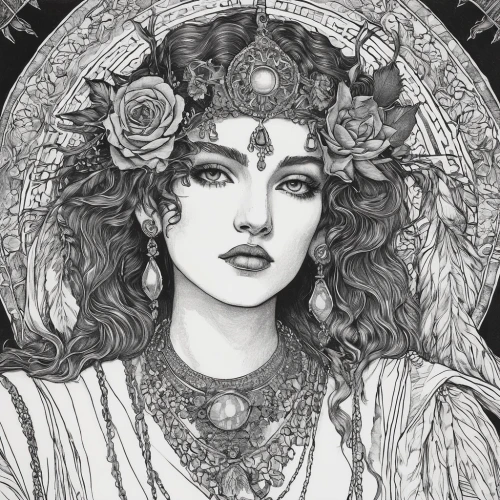 lakshmi,radha,anahata,priestess,kali,jaya,mucha,cybele,cleopatra,krishna,zodiac sign gemini,minerva,virgo,zodiac sign libra,artemisia,fantasy portrait,tarhana,medusa,rusalka,kundalini,Illustration,Black and White,Black and White 28