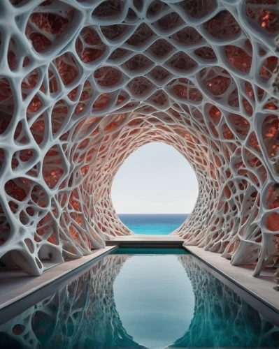 infinity swimming pool,ice hotel,honeycomb structure,wall tunnel,sea cave,jewelry（architecture）,water cube,arches,maldives,dug-out pool,futuristic architecture,cave on the water,igloo,ice cave,vaulted ceiling,house of the sea,roof lantern,glass roof,portals,cooling house,Photography,Artistic Photography,Artistic Photography 01