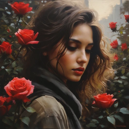romantic portrait,scent of roses,with roses,spray roses,rosa,red roses,landscape rose,romantic rose,way of the roses,bibernell rose,red rose,oil painting on canvas,roses,hedge rose,blooming roses,beautiful girl with flowers,wild roses,rose,rose bloom,red rose in rain,Conceptual Art,Oil color,Oil Color 11