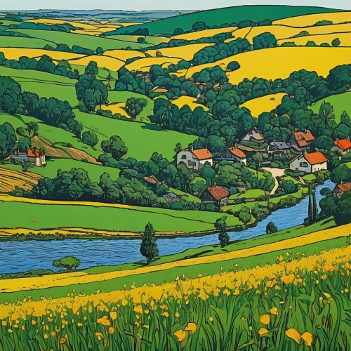 dorset,yorkshire,sussex,daffodil field,devon,exmoor,england,farm landscape,north yorkshire,green fields,hobbiton,brook landscape,rural landscape,green meadows,field of rapeseeds,meadow landscape,derbyshire,yellow grass,cornwall,south downs,Illustration,Retro,Retro 11