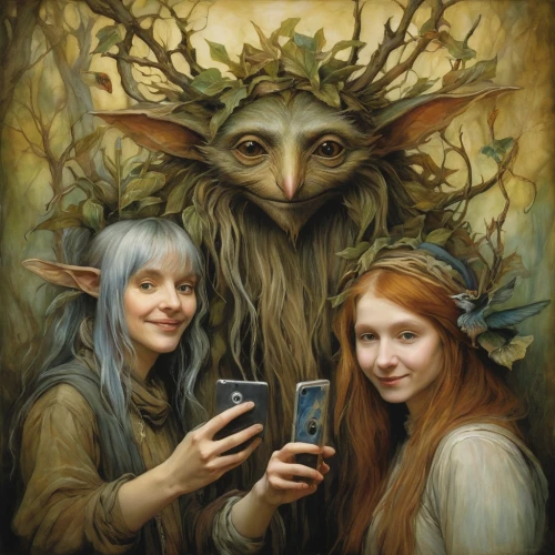 druids,elves,fantasy portrait,trolls,fae,druid grove,three friends,witches,fantasy art,massively multiplayer online role-playing game,selfie,e-book readers,celebration of witches,fantasy picture,nettle family,smartphone,druid,faery,wizards,the girl's face,Illustration,Realistic Fantasy,Realistic Fantasy 14
