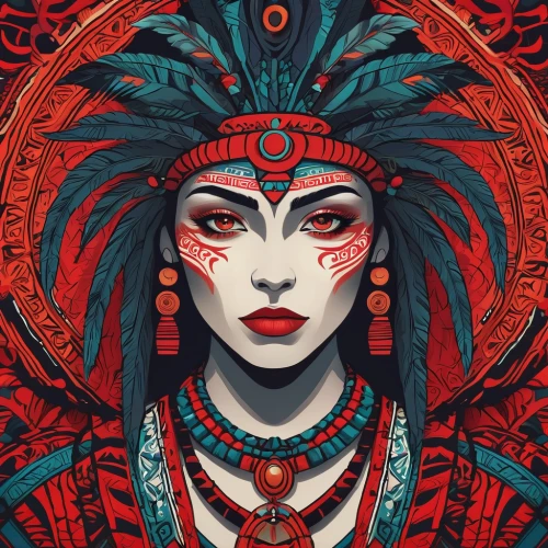 cleopatra,tribal,aztec,boho art,headdress,red chief,shamanic,masquerade,indian headdress,warrior woman,shaman,geisha,tribal chief,la catrina,native american,kali,digital illustration,pachamama,aztecs,fantasy portrait,Conceptual Art,Daily,Daily 23