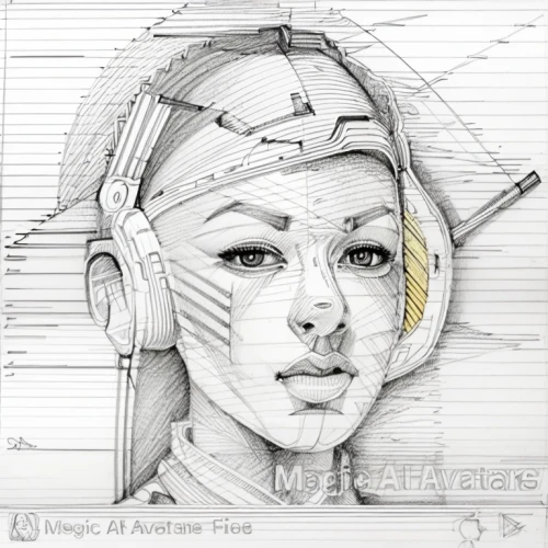cyborg,head woman,ai,medical concept poster,biomechanical,pencil icon,cybernetics,acupuncture,wireframe graphics,construction helmet,medical mask,wireframe,mechanical,artificial intelligence,sci fiction illustration,artificial hair integrations,woman's face,humanoid,post-it note,mechanical pencil,Design Sketch,Design Sketch,Pencil Line Art