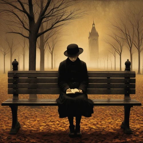 man on a bench,girl with bread-and-butter,pilgrim,loneliness,woman holding pie,park bench,woman with ice-cream,woman sitting,lamplighter,in the fall of,evening atmosphere,sit and wait,the autumn,john atkinson grimshaw,one autumn afternoon,solitude,still transience of life,oil painting on canvas,alone,of mourning,Illustration,Abstract Fantasy,Abstract Fantasy 09