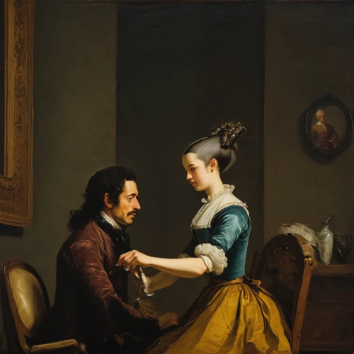 young couple,courtship,the long-hair cutter,man and wife,bougereau,father with child,hairdresser,romantic portrait,engagement,partiture,as a couple,dancing couple,barberini,painting,woman holding pie,meticulous painting,romantic scene,barber,conversation,the girl's face,Art,Classical Oil Painting,Classical Oil Painting 35