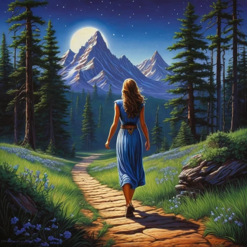 oil painting on canvas,the mystical path,pathway,oil painting,landscape background,woman walking,forest path,girl walking away,mother earth,fantasy picture,art painting,the path,hiking path,mountain scene,girl with tree,oil on canvas,the way of nature,forest background,the spirit of the mountains,blue moon,Illustration,American Style,American Style 07