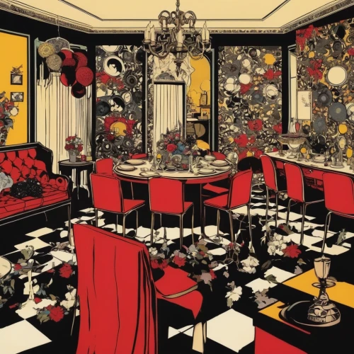 dining room,fine dining restaurant,diner,tearoom,paris cafe,cabaret,ballroom,bistrot,christmas gold and red deco,dining,art deco background,a restaurant,dollhouse,breakfast room,liquor bar,dinner party,red carnation,soda fountain,ornate room,new york restaurant,Illustration,American Style,American Style 06