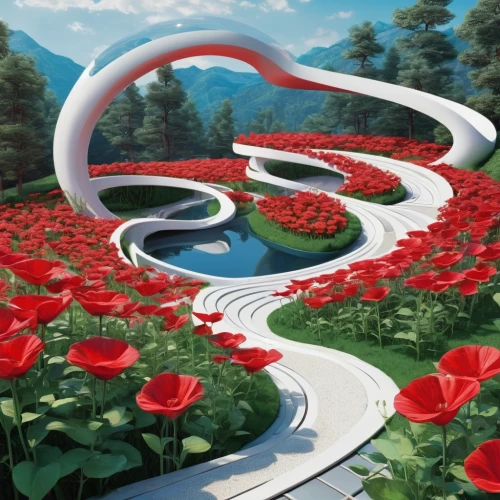 way of the roses,winding road,flowers png,red border,winding roads,flower painting,flower clock,flower garden,floral border,flower field,芦ﾉ湖,flower ribbon,japan,roundabout,flower line,blooming field,winding steps,korea,hokkaido,flower strips,Conceptual Art,Sci-Fi,Sci-Fi 24