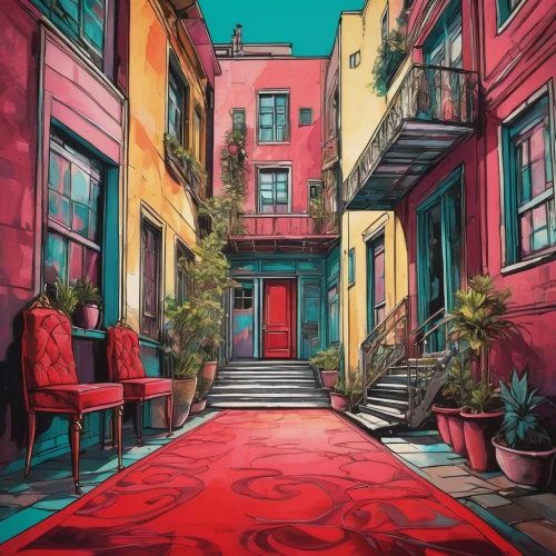 istanbul,red place,colorful city,brownstone,an apartment,world digital painting,red paint,riad,apartment house,pink city,row houses,alley,rescue alley,saturated colors,landscape red,red tablecloth,rose drive,digital painting,house painting,old linden alley,Illustration,Realistic Fantasy,Realistic Fantasy 23