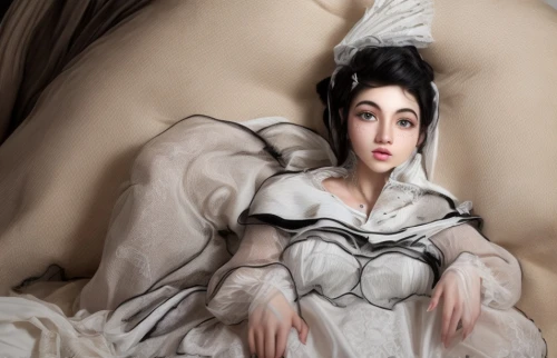 woman on bed,victorian lady,crinoline,porcelain dolls,girl in bed,female doll,suit of the snow maiden,fairy tale character,cinderella,porcelain doll,cruella de ville,dead bride,ball gown,geisha girl,bridal clothing,white lady,pierrot,cloth doll,geisha,japanese doll,Common,Common,Natural