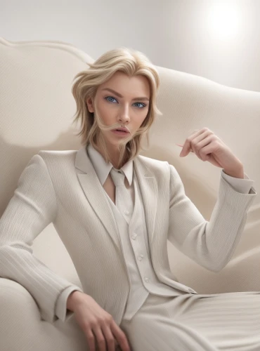 menswear for women,pantsuit,tilda,white silk,elegant,bolero jacket,white coat,sofa,woman in menswear,female model,blonde on the chair,white clothing,elegance,linen,women's clothing,men's suit,pale,suit of the snow maiden,white velvet,business woman,Common,Common,Natural