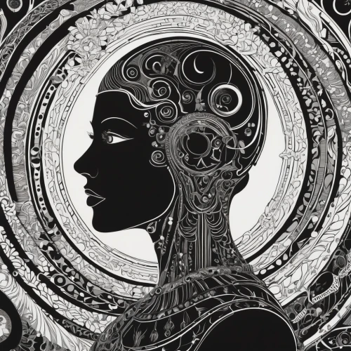 biomechanical,art deco woman,mirror of souls,psychedelic art,head woman,woman thinking,african art,esoteric,mind-body,fractals art,meridians,woman silhouette,consciousness,african woman,womanhood,women silhouettes,psyche,mysticism,equilibrium,art nouveau design,Illustration,Black and White,Black and White 21