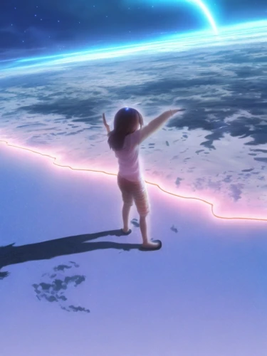 little girl in wind,tightrope,space walk,astral traveler,shooting star,zero gravity,flying girl,spacewalk,world end,falling star,gravity,sidonia,orbiting,shooting stars,trajectory,trajectory of the star,little girl running,cosmos wind,flying sparks,electric arc,Game&Anime,Manga Characters,Aurora