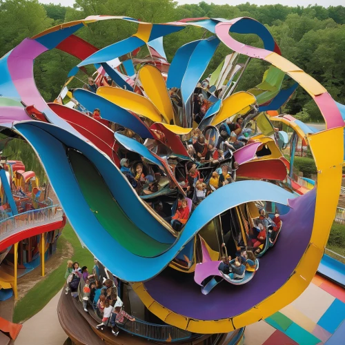 colorful spiral,kinetic art,rides amp attractions,playground slide,hamster wheel,children's ride,inflatable ring,amusement ride,semi circle arch,gyroscope,torus,busch gardens,pinwheels,olympiapark,mosel loop,dna helix,waldbühne,spiralling,amusement park,swirling,Unique,3D,Modern Sculpture