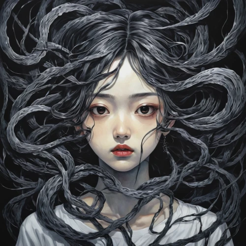tendrils,moonflower,medusa,mystical portrait of a girl,ghost girl,white blossom,wilted,dead bride,sorrow,fantasy portrait,wakame,fallen petals,maiden anemone,dread,white lady,numbness,siren,anemone,coil,digital painting,Illustration,Japanese style,Japanese Style 09