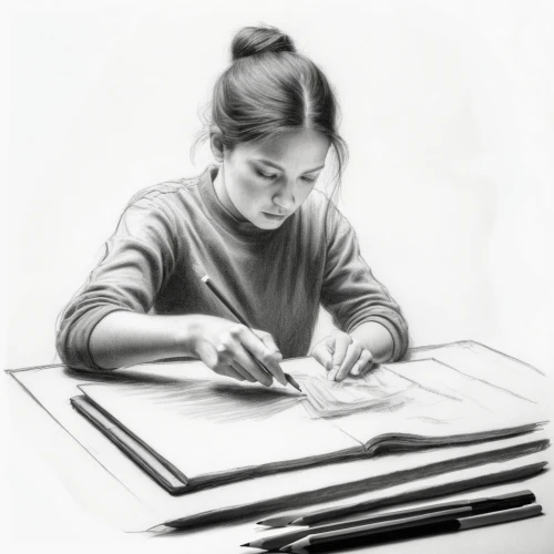 girl studying,girl drawing,graphite,pencil drawings,drawing course,charcoal drawing,charcoal pencil,pencil art,children drawing,pencil drawing,the girl studies press,pencil and paper,illustrator,girl portrait,study,pencil frame,artist portrait,book illustration,pencil,little girl reading,Illustration,Black and White,Black and White 35