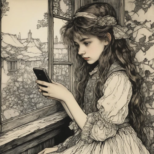 woman holding a smartphone,vintage drawing,girl in the garden,texting,mobile device,smartphone,victorian lady,arthur rackham,girl at the computer,hand-drawn illustration,girl picking apples,camera illustration,phone,vintage illustration,girl drawing,viewphone,game illustration,mobile phone,ereader,handheld,Illustration,Retro,Retro 25