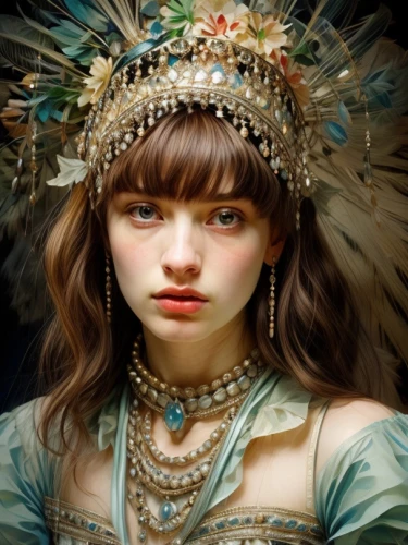 mystical portrait of a girl,faery,fantasy portrait,faerie,headdress,fairy queen,feather headdress,fantasy art,fairy tale character,baroque angel,little girl fairy,child fairy,girl portrait,diadem,adornments,ancient egyptian girl,miss circassian,portrait of a girl,indian headdress,the enchantress