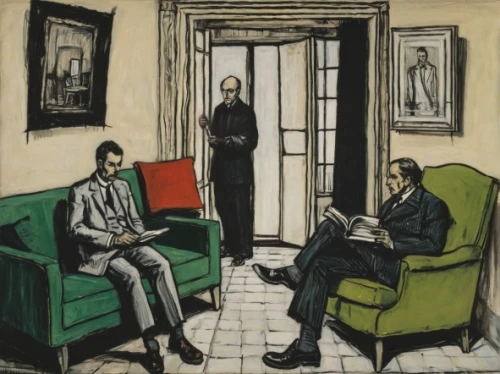 men sitting,consulting room,waiting room,braque francais,roy lichtenstein,picasso,sitting room,braque saint-germain,partiture,contemporary witnesses,man with a computer,board room,paintings,the conference,study room,therapy room,meeting room,khokhloma painting,a meeting,art dealer