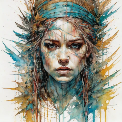 boho art,mystical portrait of a girl,splintered,transistor,headdress,watercolor pencils,feather headdress,girl portrait,watercolor paint strokes,young woman,fantasy portrait,color pencils,digital artwork,head woman,fantasy art,colourful pencils,artemisia,digital art,portrait of a girl,the enchantress,Illustration,Paper based,Paper Based 13