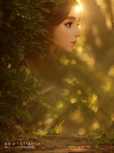 studio ghibli,mystical portrait of a girl,goldenlight,golden light,the forest,girl with tree,forest of dreams,tangled,fairy forest,cg artwork,rapunzel,in the forest,3d fantasy,forest clover,forest,fae,digital compositing,mulan,girl in the garden,little girl fairy,Game&Anime,Pixar 3D,Pixar 3D