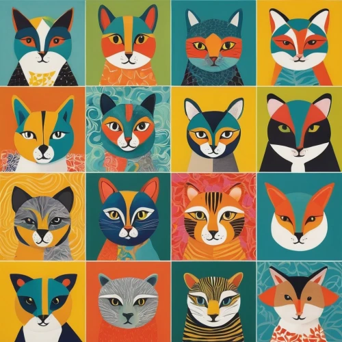 animal faces,animal icons,fox stacked animals,foxes,animal shapes,animal stickers,vintage cats,cat vector,felines,anthropomorphized animals,vector pattern,animal portrait,whimsical animals,rodentia icons,cats,icon set,seamless pattern,memphis pattern,woodland animals,fauna,Art,Artistic Painting,Artistic Painting 38