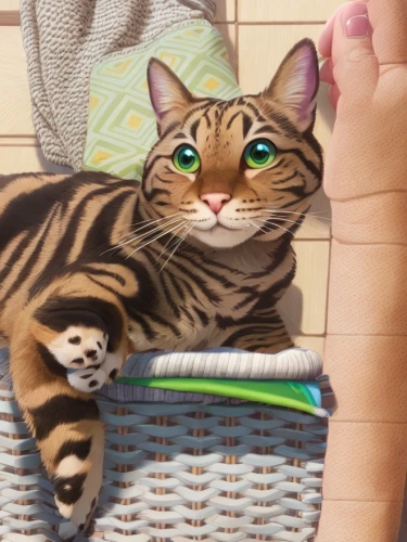 toyger,bengal cat,laundry basket,american shorthair,bengal,ocicat,tooth brushing,foot massage,pedicure,kitchen towel,schleich,brush teeth,tigerle,cat toy,chausie,striped socks,bath toy,baby playing with toys,personal grooming,dish brush,Common,Common,Cartoon
