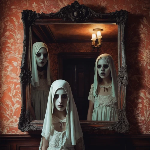 porcelain dolls,gothic portrait,doll looking in mirror,halloween ghosts,mirror image,mirror of souls,mirrors,doll house,dead bride,doll's house,joint dolls,dolls,the mirror,pierrot,the nun,mirrored,ghosts,haunting,conceptual photography,apparition,Illustration,Paper based,Paper Based 16