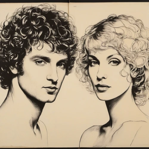 eurythmics,vintage man and woman,cream,vintage boy and girl,vintage drawing,1982,1980s,young couple,vintage art,bouffant,porcelain dolls,heads,hairstyles,1980's,queen-elizabeth-forest-park,boy and girl,curlers,david-lily,pop art people,apple pair,Illustration,Retro,Retro 21