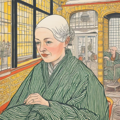 woman sitting,the girl at the station,blonde woman reading a newspaper,cool woodblock images,kate greenaway,elizabeth nesbit,woman at cafe,japanese woman,woodblock prints,vintage illustration,post impressionism,jane austen,charlotte cushman,woman holding a smartphone,book illustration,portrait of a woman,women's novels,ethel barrymore - female,woman drinking coffee,vintage drawing,Art,Artistic Painting,Artistic Painting 50