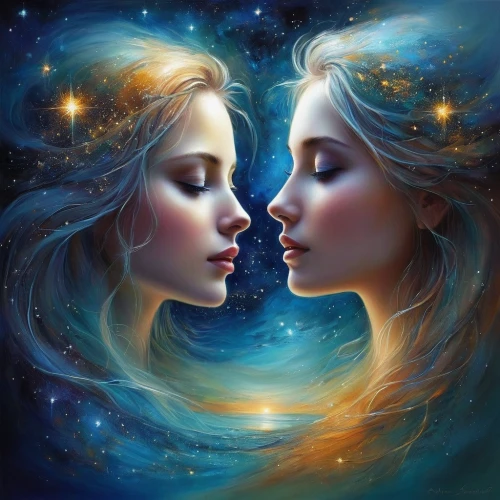 amorous,celestial bodies,girl kiss,romantic portrait,fantasy art,gemini,fantasy picture,parallel worlds,mirror of souls,mirror image,fractals art,two girls,the moon and the stars,mother kiss,fantasy portrait,mystical portrait of a girl,harmonious,faery,parallel world,zodiac sign gemini,Conceptual Art,Daily,Daily 32