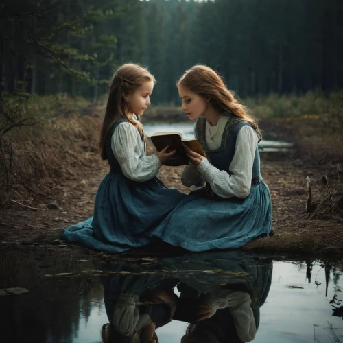 little girl and mother,mirror in the meadow,children's fairy tale,two girls,mother and daughter,little girl reading,a fairy tale,children studying,little boy and girl,fairy tale,little girls,fairy tales,children girls,idyll,mirror reflection,young women,fairytales,mystical portrait of a girl,alice in wonderland,blessing of children,Photography,Documentary Photography,Documentary Photography 27