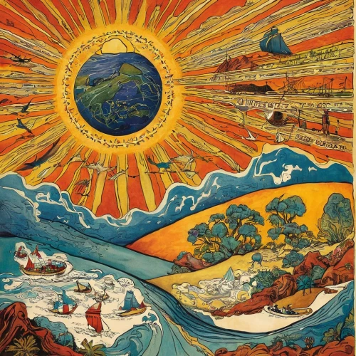 spring equinox,mother earth,3-fold sun,copernican world system,pachamama,permaculture,summer solstice,northern hemisphere,solar field,cool woodblock images,cover,the earth,kamchatka,sun god,travel poster,sun,khokhloma painting,the sun,earth day,aeolian landform,Illustration,Retro,Retro 06