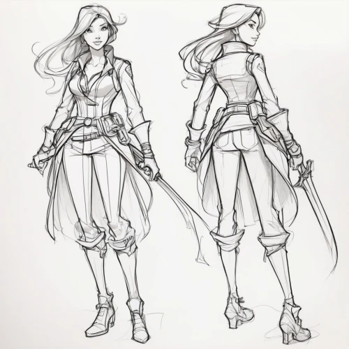 concept art,swordswoman,costume design,pencils,female warrior,arrow line art,staves,lancers,development concept,fighting poses,quarterstaff,6-cyl in series,outlines,proportions,4-cyl in series,swords,huntress,longbow,character animation,begonia,Illustration,Black and White,Black and White 08