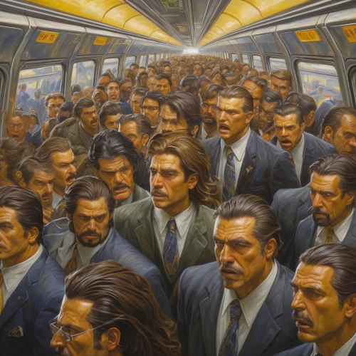 train of thought,the bus space,crowded,commute,men sitting,london underground,the train,commuting,public transportation,skytrain,travelers,collective,clones,transit,subway system,popular art,train seats,long-distance train,crowds,train,Illustration,Realistic Fantasy,Realistic Fantasy 03