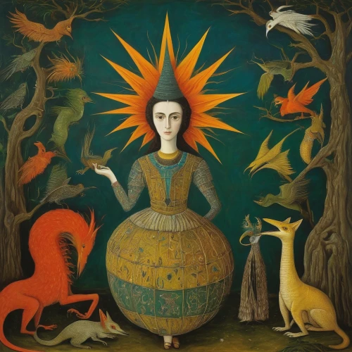 folk art,peacock,pachamama,fairy peacock,the witch,shamanic,capricorn mother and child,girl with dog,spring equinox,crow queen,shamanism,girl with a wheel,khokhloma painting,virgo,woman holding pie,in the mother's plumage,crocodile woman,woman at the well,garden-fox tail,girl in the garden,Illustration,Abstract Fantasy,Abstract Fantasy 16