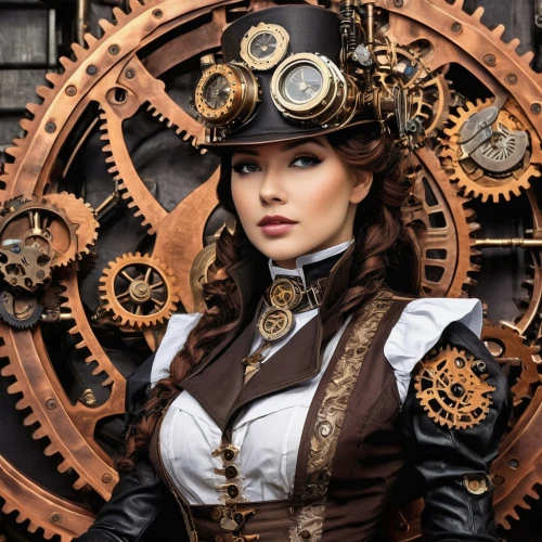 steampunk gears,steampunk,clockmaker,clockwork,victorian style,watchmaker,victorian lady,mechanical,gears,cogs,switchboard operator,cog,cosplay image,victorian fashion,the victorian era,victorian,cogwheel,ornate pocket watch,girl with a wheel,mechanical puzzle,Conceptual Art,Fantasy,Fantasy 25