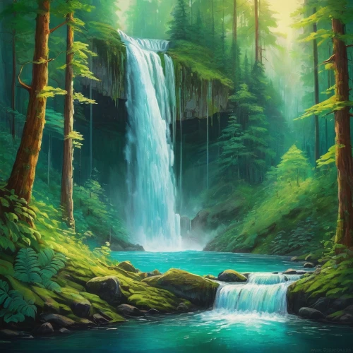green waterfall,forest landscape,forest background,brown waterfall,waterfall,waterfalls,water fall,landscape background,water falls,ash falls,green forest,a small waterfall,cascades,mountain stream,green trees with water,falls,mountain spring,wasserfall,flowing water,nature landscape,Illustration,Abstract Fantasy,Abstract Fantasy 07