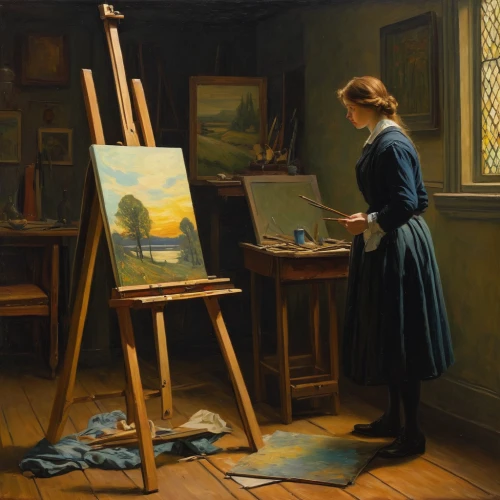 painting technique,easel,woman playing,meticulous painting,girl studying,painter,painting,oil painting,fineart,artist,woman sitting,constable,italian painter,paintings,art painting,artist portrait,in a studio,self-portrait,asher durand,portrait of a girl,Art,Classical Oil Painting,Classical Oil Painting 23