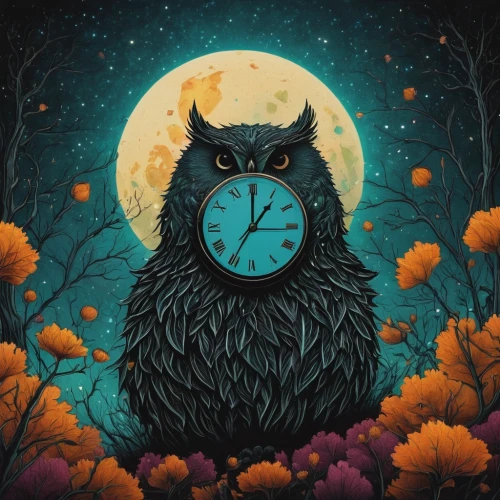 moon phase,nocturnal bird,owl art,rabbit owl,nocturnal,owl,owl background,four o'clocks,clockmaker,clock face,reading owl,halloween owls,owl-real,bubo bubo,clocks,cuckoo clock,owl drawing,owl nature,clock,whimsical animals,Illustration,Abstract Fantasy,Abstract Fantasy 19