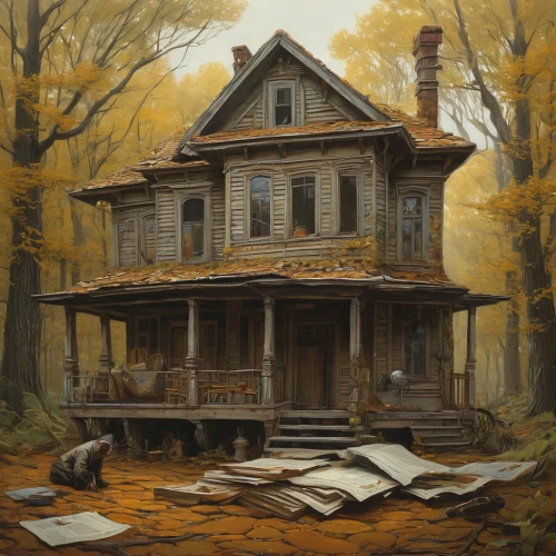 house in the forest,witch's house,witch house,abandoned house,ancient house,wooden house,old house,lonely house,the haunted house,house painting,old home,log home,haunted house,abandoned place,little house,log cabin,doll's house,homestead,house drawing,two story house,Illustration,Realistic Fantasy,Realistic Fantasy 28