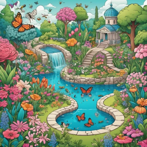 fairy world,fairy village,wishing well,garden pond,koi pond,clove garden,children's background,lilly pond,bird kingdom,lily pond,fish pond,flower garden,fairy forest,springtime background,garden of plants,cartoon video game background,children's fairy tale,spring background,gardens,wonderland,Unique,3D,Isometric